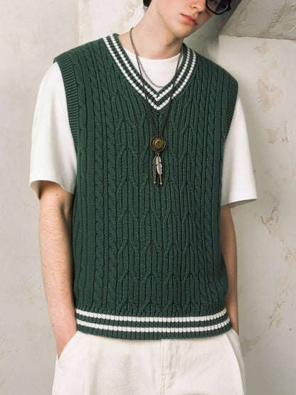 Men's Preppy Style Cable Knit Sweater Vest V Neck Sleeveless Knitwear Green Striped Trim Casual Pullover Vest For Spring Autumn
