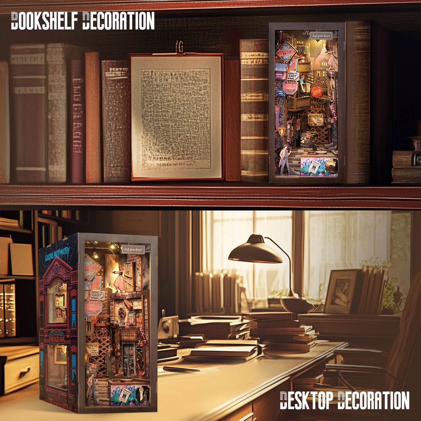 CUTEBEE DIY Book Nook Kit The Long Goodbye Detective Series Miniature Dollhouse with LED Light Dust Cover 3D Wooden Puzzle Books