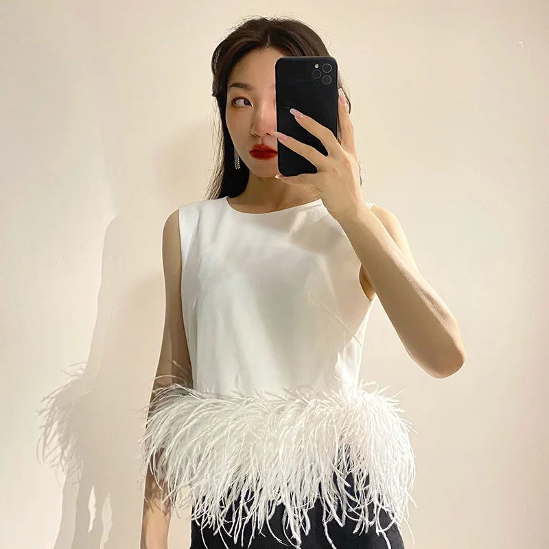 TWOTWINSTYLE Black Patchwork Feathers Korean Fashion Shirt Top Women Round Neck Sleeveless Slim Tops Female 2021 Summer Clothing