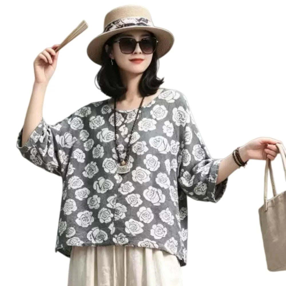 Floral Loose Top Women Summer Casual Short Sleeve T-shirt LX5849