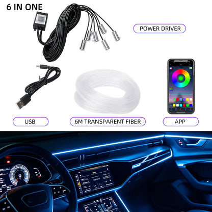 Car 4/5/6in1 Interior Decoration Ambient RGB Fiber-Optic Light Strip USB Dashboard Neon Light Strip App Control Accessories