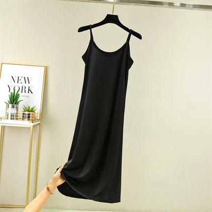 Summer Thin Ice Silk A-Line Dress Women's Casual Long Gown Inner Wear Vest Dress plus Size Korean Style Loose Waist Design