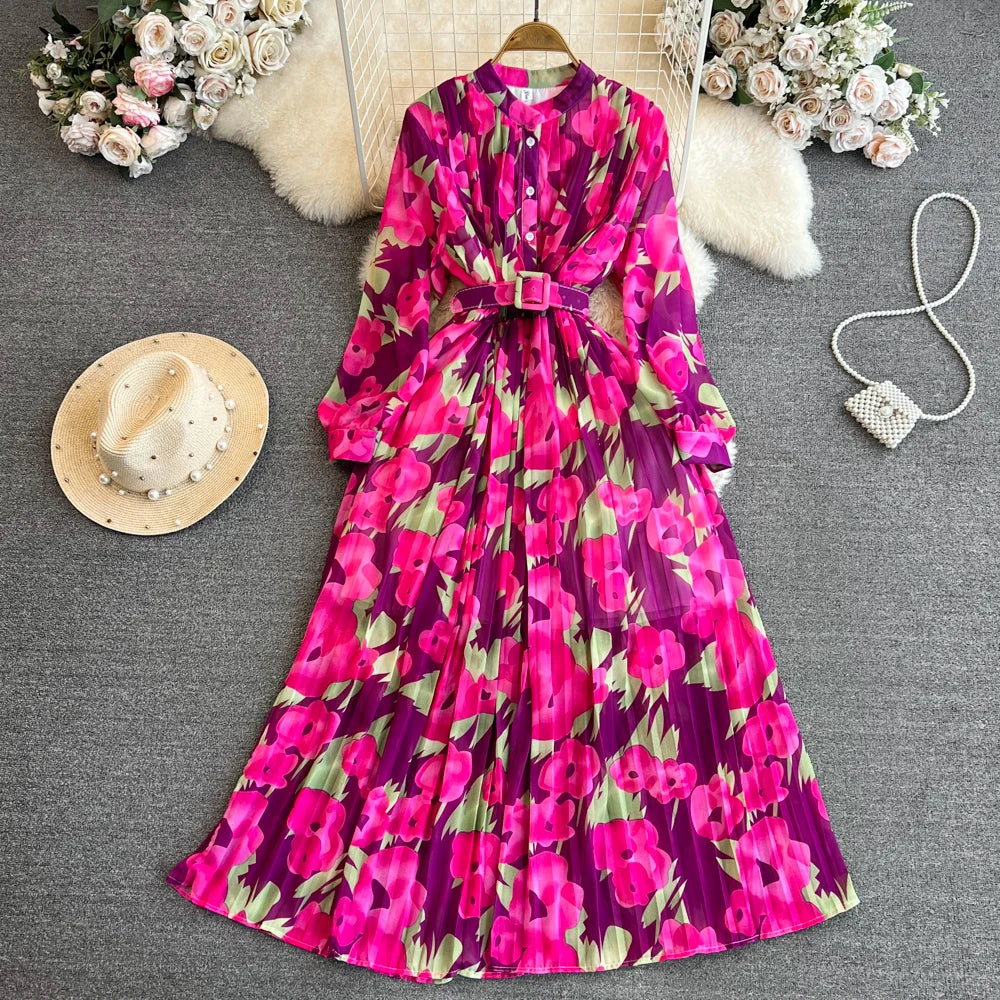 Ele Vintage Long Sve A-Line Printed Gown with Pleated Skirt And Slimming Waist Design for Young Women Korean Sle Com...