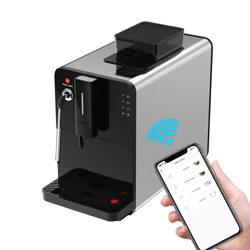 Mcilpoog HI02 Fully Automatic Espresso Machine  with Grinder & Steamer, WiFi Connected,, 5 Flavors  for Home and Office.Silver