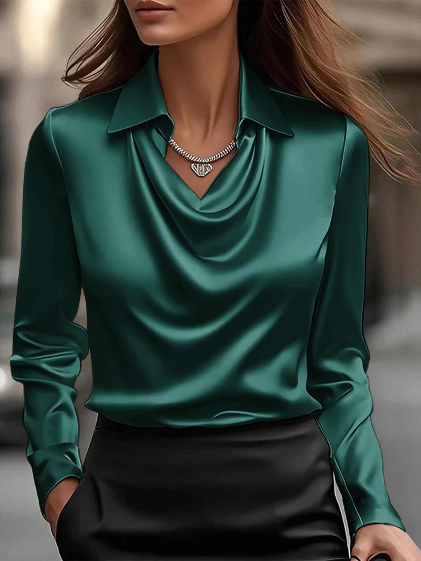 Elegant Satin V-Neck Shirt - Stylish Long-Sleeve Women's Top, Suitable for Casual and Refined Office Commuting, Silk Fabric Autu