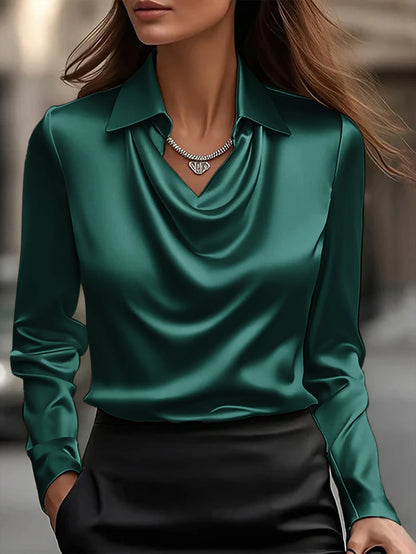 Elegant Satin V-Neck Shirt - Stylish Long-Sleeve Women's Top, Suitable for Casual and Refined Office Commuting, Silk Fabric Autu