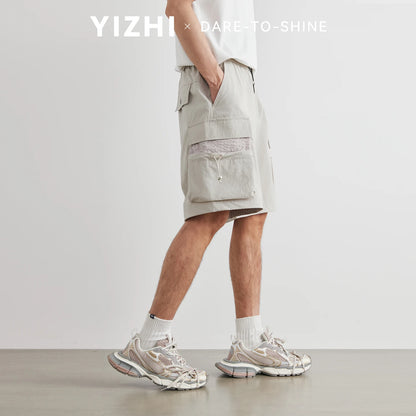 2026 Summer Solid Cargo Shorts Men Quick Dry Lightweight Breathable Multi-Pocket Drawstring Straight Leg Short Pants