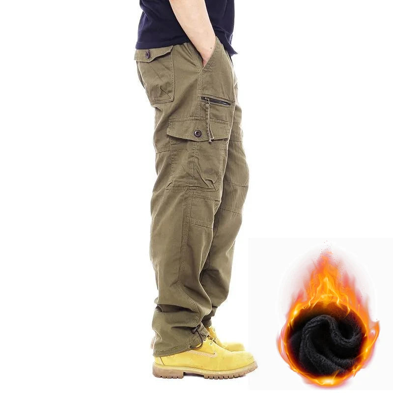 Autumn Winter Mens Cargo Pants Fleece Warm Trousers Cotton Pants Insulated Hiking Running Pants Man Multiple Pockets