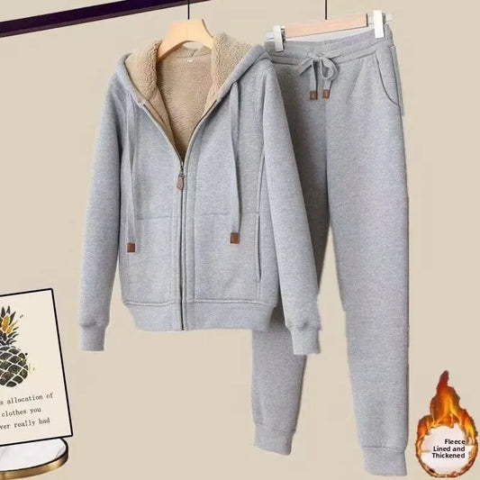 Thickened Fleece Winter Sportswear Set Women's Long Sleeve Hoodie Jacket And Pants Casual Slimming Pure Color Trendy Short Coat