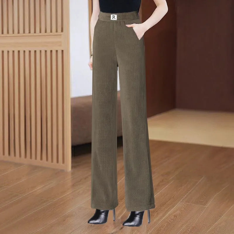 High Waist Fleece Lined Thick Wide Leg Casual Pants for Women Autumn Winter Straight Cut Versatile Comfortable Cotton Trousers