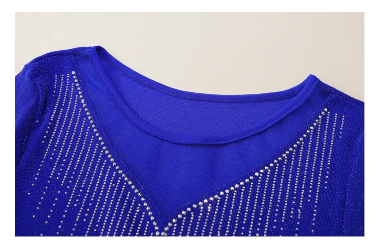 2026 Spring Summer Mesh Tops Korean Fashion Diamond T Shirt Slim 3/4 Sleeve Hollow Out Casual Women Shirt