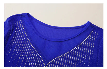 2026 Spring Summer Mesh Tops Korean Fashion Diamond T Shirt Slim 3/4 Sleeve Hollow Out Casual Women Shirt