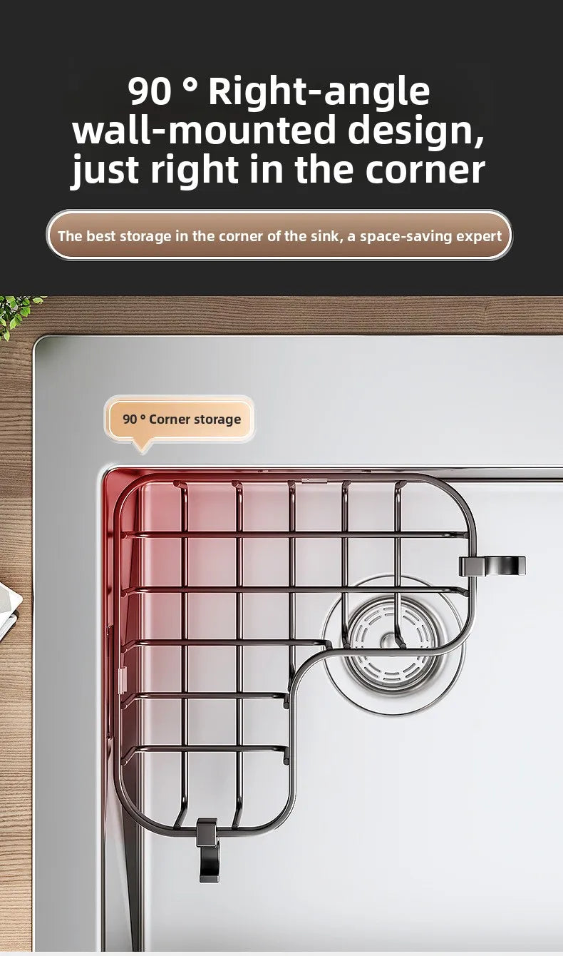 Kitchen Carbon Steel Sink Drain Rack No-Punching Wall Mounted Corner Dishcloth Storage Rack Waterproof Space Saving