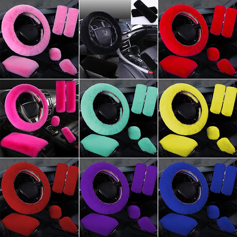 Plush Car Steering Wheel Cover 6piece Set Winter Warmth And Elastic Non Slip Handle Cover  Women's Car Interior Accessories