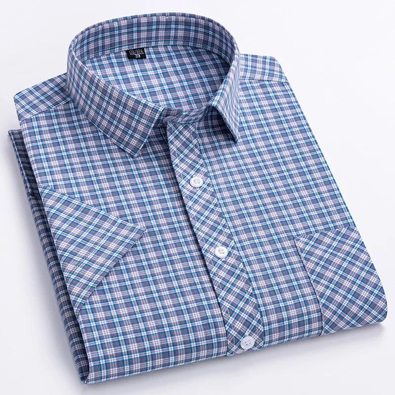 New in Shirt Over Size 100% Cotton Thin Summer Short Sleeve Shirts for Men Slim Fit Plain Shirt Plaid Soft Korean Popular Clothe