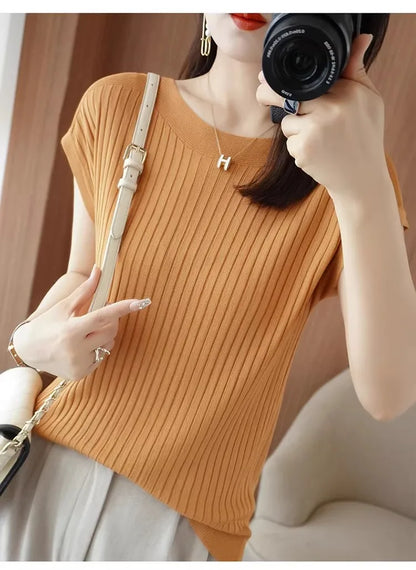Ice Silk Knitted Top Women Loose Spring Summer New Style Thin Short Sleeve One Shoulder T-Shirt Breathable Comfortable Casual...