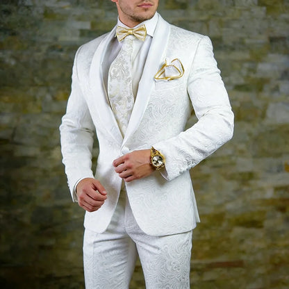 Elegant White Jacquard Fabric Men's Suits In Stock Formal One-Button Slim Fit Back Vent Shawl Lapel 2 Piece Jacket Pants Blazer