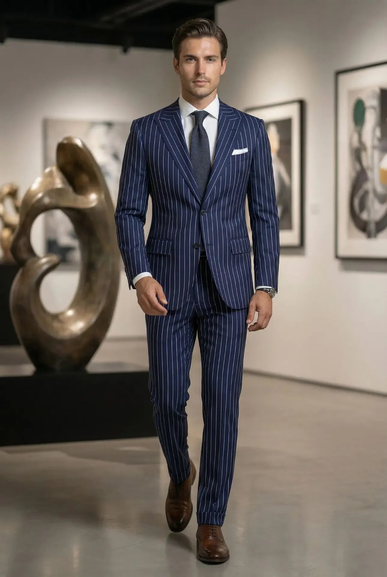 Navy Blue Pinstripe Men's Suits Fashion Peaked Lapel Two Buttons Groom Wedding Business Prom Party Male Suit (Jacket+Pants)