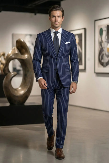 Navy Blue Pinstripe Men's Suits Fashion Peaked Lapel Two Buttons Groom Wedding Business Prom Party Male Suit (Jacket+Pants)
