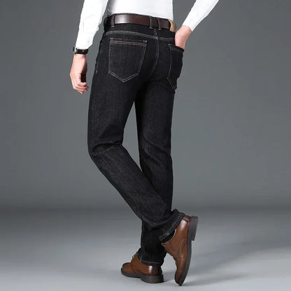 Winter Classic Men's Warm Fleece Straight Leg Jeans Business Casual Twill Cotton Stretch Padded Denim Pants Male Brand Trousers