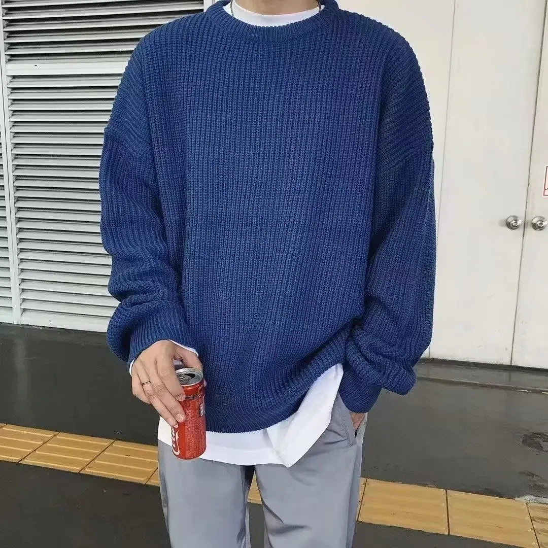 Autumn and winter loose shoulder sweater for young men Japanese retro pineapple needle jacquard lazy round neck knit sweater