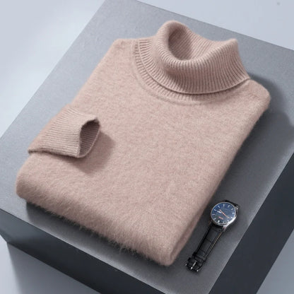 Autumn and Winter Men Loose Turtleneck 100% Mink Cashmere Sweater Men's Casual Thermal Pullover Solid Color Knit Plus-Size Top