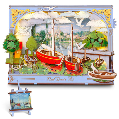 Rolife Red Boats Wooden 3D Puzzle 219 PCS DIY Wall Art Building Model Kit with LED Light for Home Decor Desktop Decor Wall Decor Gift for Adults Kids Friends