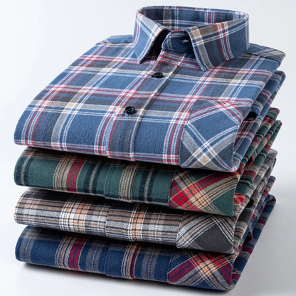 Men's long-sleeved cotton jersey checked shirt - suitable for daily work in all seasons, featuring fashionable style.