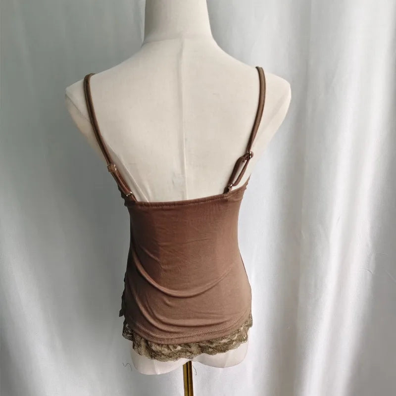 Kimotimo Vintage Lace Edge Camisole Vest Women 2026 New Folds Waist Slim Fit Sleeveless Crop Top Sexy Y2k Outerwear Tanks Gothic