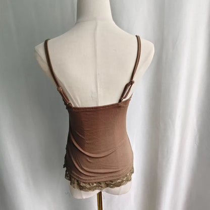 Kimotimo Vintage Lace Edge Camisole Vest Women 2026 New Folds Waist Slim Fit Sleeveless Crop Top Sexy Y2k Outerwear Tanks Gothic