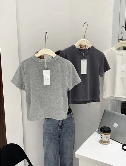 Lemon Women's Loose Short Sleeve T-Shirt Korean Style round Neck Base Shirt Inner Wear Simple Fashion Spring Autumn Top
