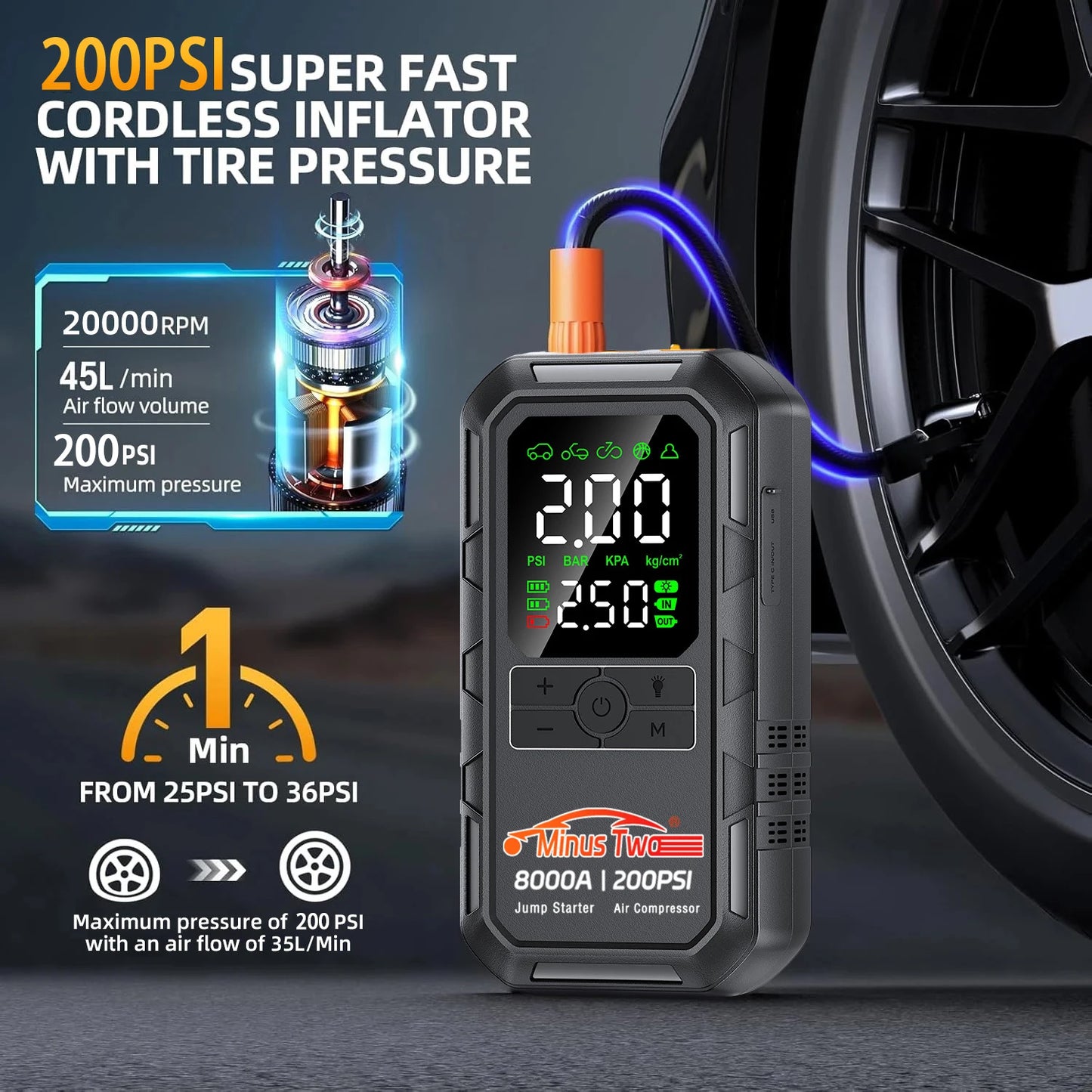 4-IN-1 Car Jump Starter with Air Compressor Peak 2000A Auto Battery Booster 150PSI Air Pump Portable Power Bank Tire Inflator
