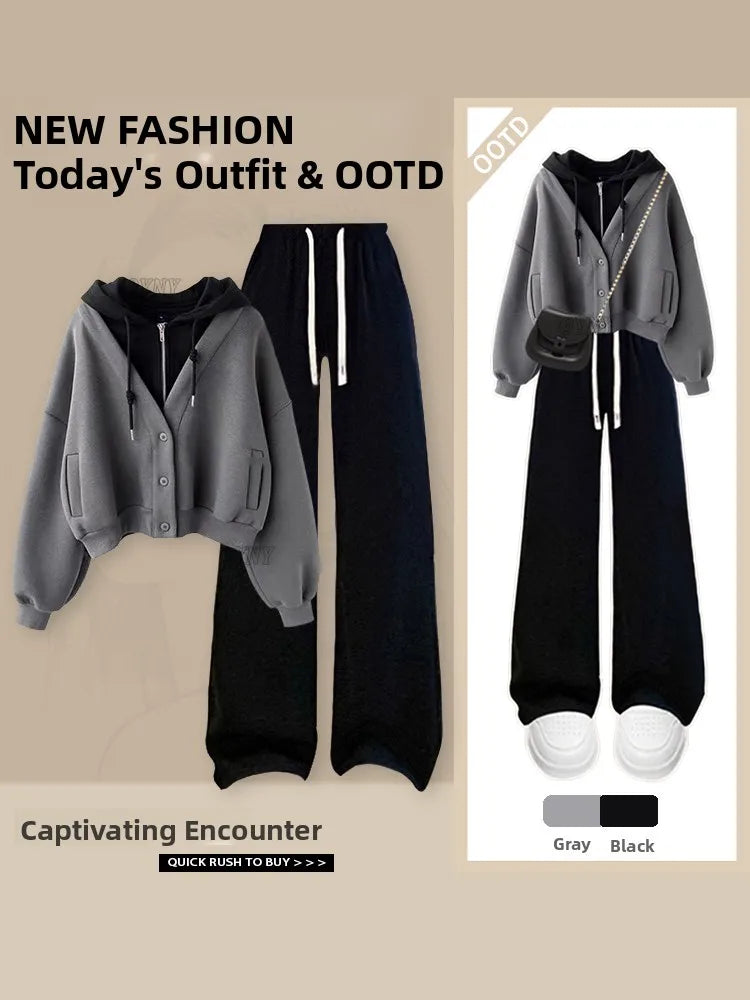 Fashionable Long Sleeve Hoodie And Wide Leg Pants Set Women's Autumn Winter Casual Straight Cut Two Piece Ensemble