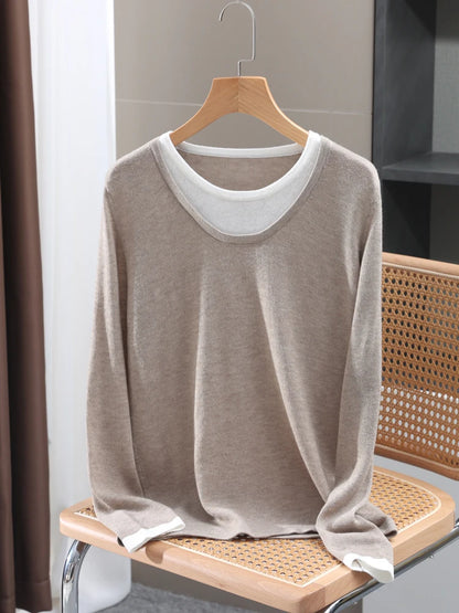 Casual Spring Autumn Women T-Shirts Merino Worsted Wool Female Knitted Pullover Long Sleeve Soft Clothing Tops Thin Outerwears