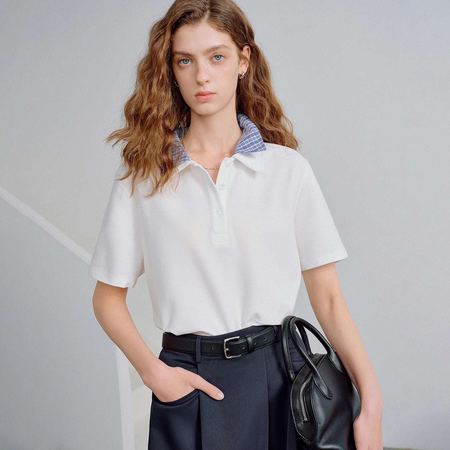 TOYOUTH Women Piqué Cotton Tees 2026 Spring New Double Collar Niche Design Loose Polo Tops