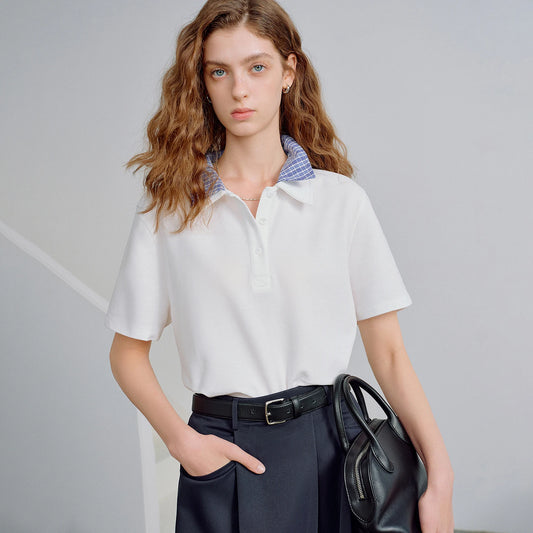 TOYOUTH Women Piqué Cotton Tees 2026 Spring New Double Collar Niche Design Loose Polo Tops