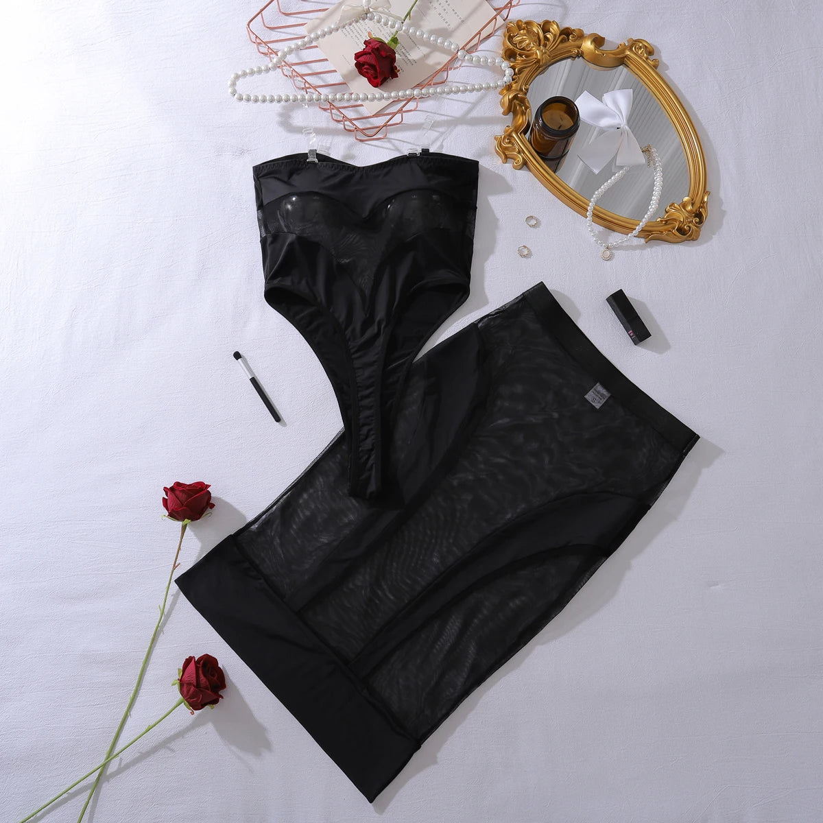 Ellolace Elegant Hot Sexy Lingerie See Through Strapless Bodysuit Half Dress 2PC Set Seductive Splicing Party Queen Costume