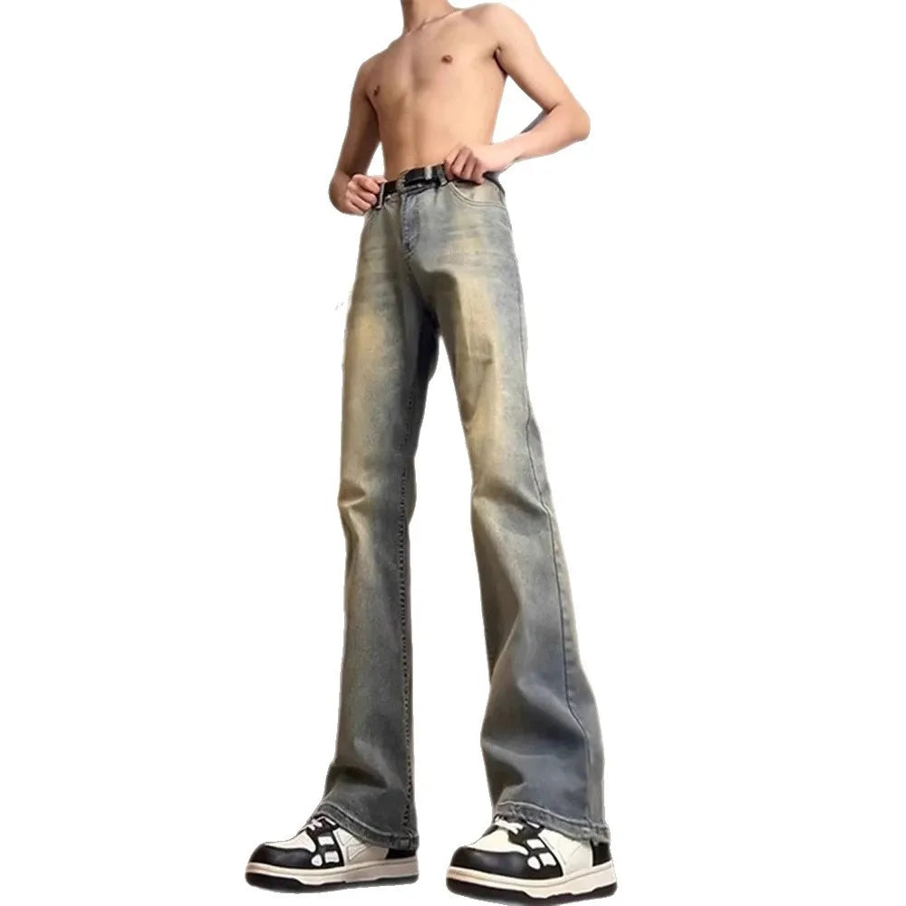 Men's Y2K Flare Jeans Vintage Washed Straight Leg Denim Pants Stacked Long Trousers Streetwear Loose Fit Bottoms