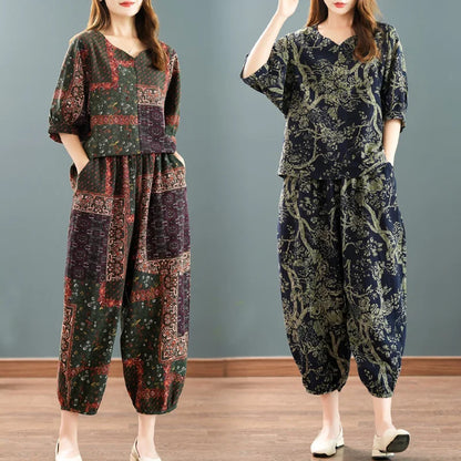 New Summer Floral Print Midi Sleeve Cotton Linen Loose Women's Two-Piece Set Ethnic Style Mom Clothes Comfortable Breathable