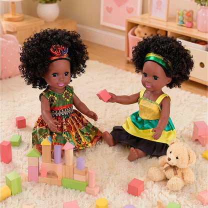 14inch 35cm American African Black Doll with Clothes Full Vinyl Body Curly Hair Doll Realistic Black Baby Doll Kid Toy Girl Gift
