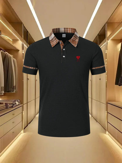 High end brand polo shirt top heart embroidery 2026 summer men's short sleeved casual and comfortable cool striped lapel T-shirt
