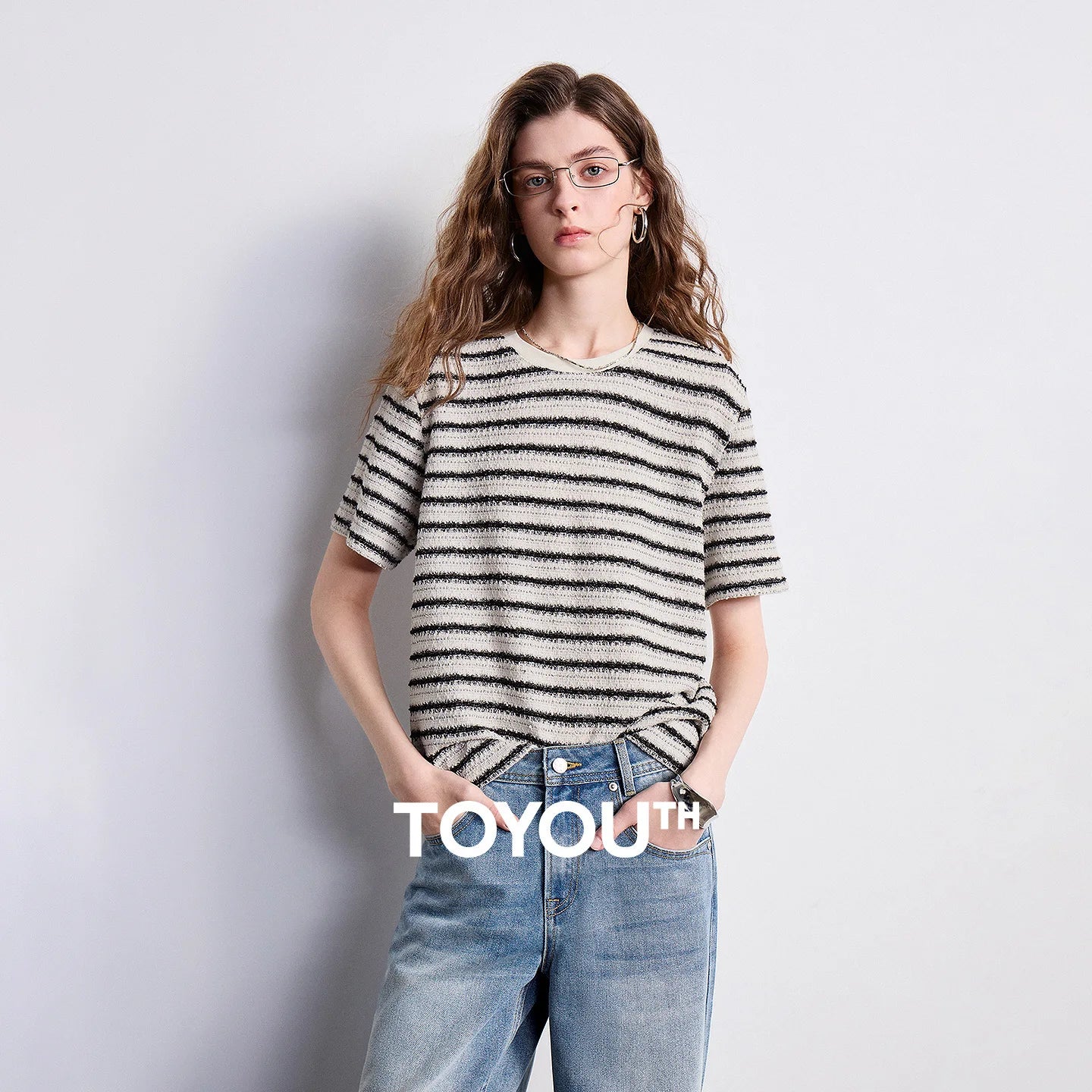 TOYOUTH Women T-shirt 2026 Summer New Striped Round Neck Combined Fashionable Heavy-duty Top