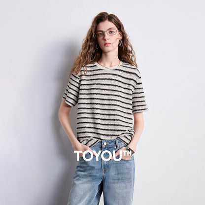 TOYOUTH Women T-shirt 2026 Summer New Striped Round Neck Combined Fashionable Heavy-duty Top