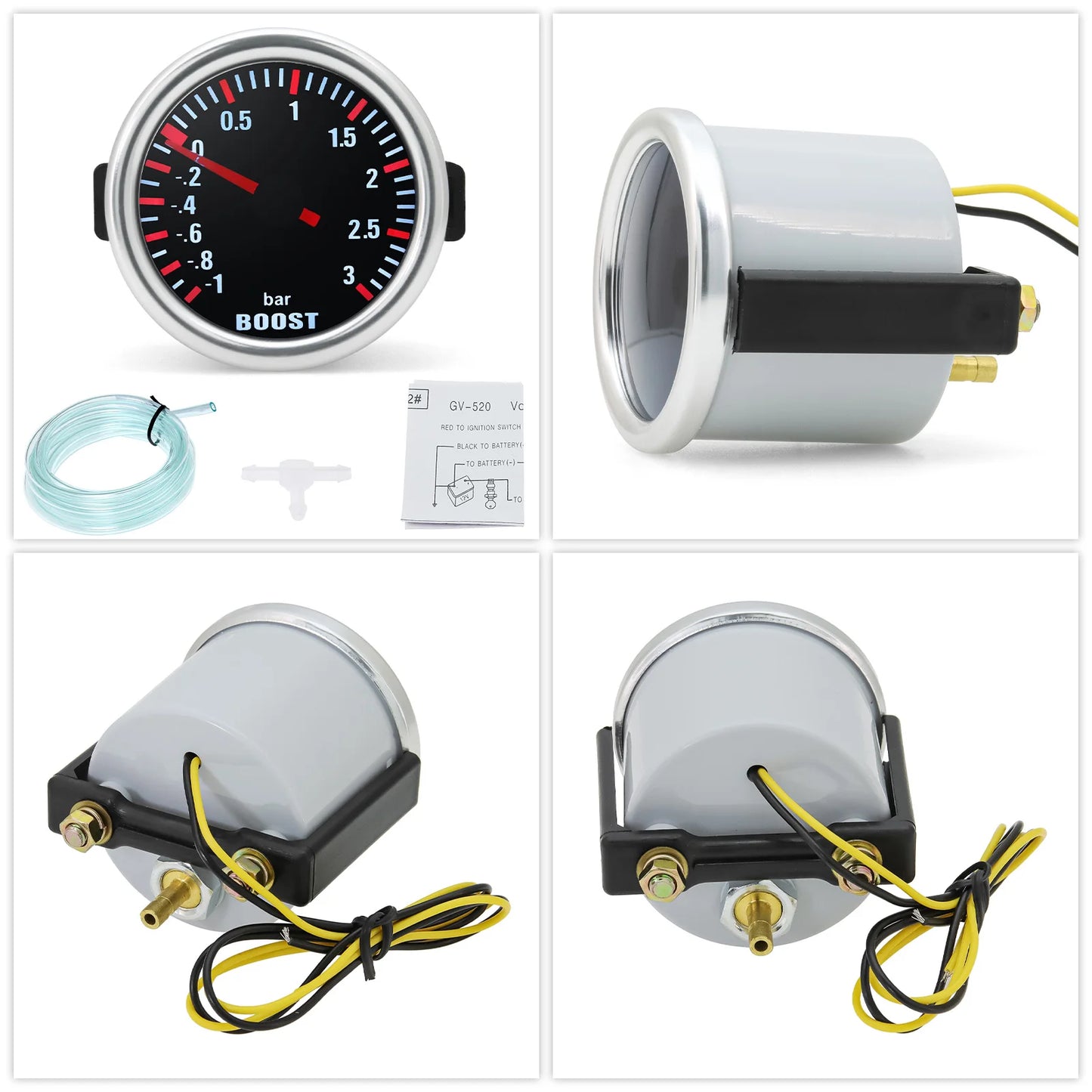 2"52mm Car 3 Bar Boost Gauge Turbo Boost Meter Pointer With Led Light Boost Indicator For 12V Engine Vehicle Car Accessories