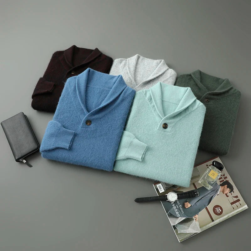 New 100% mink velvet men's olive neck knitted sweater in autumn and winter: solid color loose padded casual bottoming shirt.