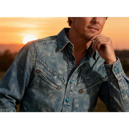 Mens Denim Shirt Vintage American Style Cotton Long Sleeve with Green Buttons