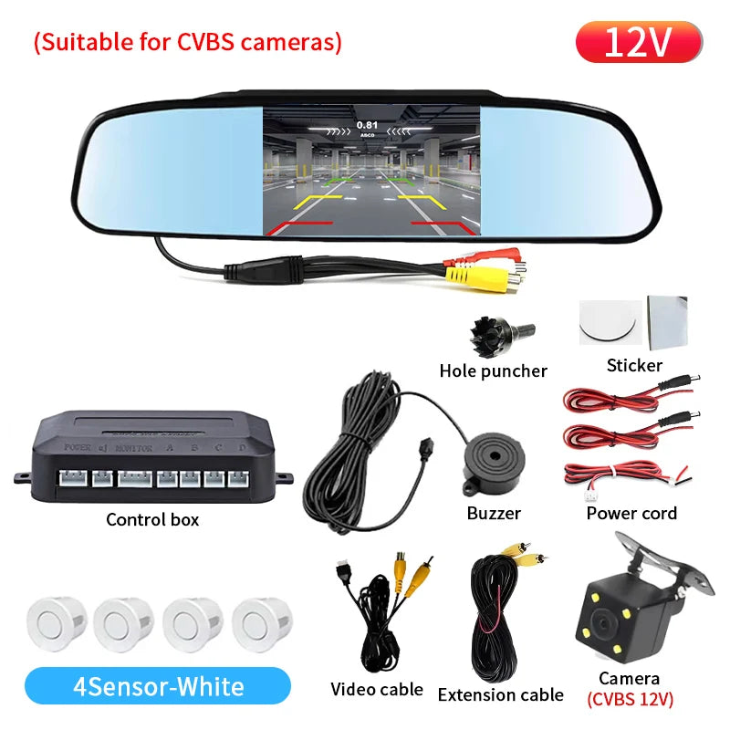 Rearview Mirror Reverse Radar 4 Probes Anti-dazzling Original Fit Parking Monitor Detector Auto Safety Auxiliary System