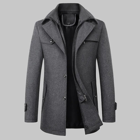 2026 High Quality Men's Wool Coat Medium Length Double Collar Winter Plus Cotton Thickened Wool Coat