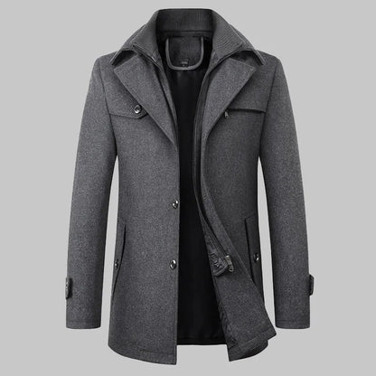2026 High Quality Men's Wool Coat Medium Length Double Collar Winter Plus Cotton Thickened Wool Coat