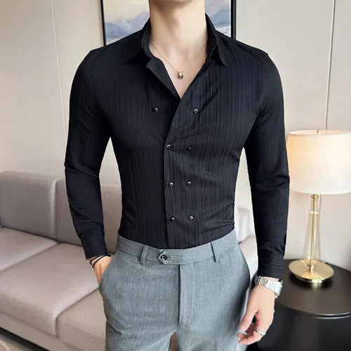 Men's Solid Color Long-Sleeved Shirt Fashionable Elegant Double-Breasted Ball Nightclub Tops Striped Lapel Shirt